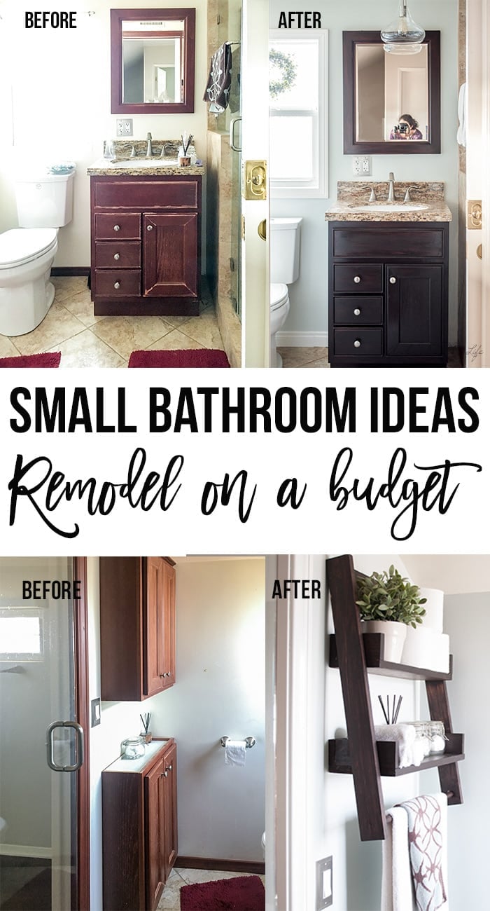 Small bathroom remodel before and after collage with text overlay