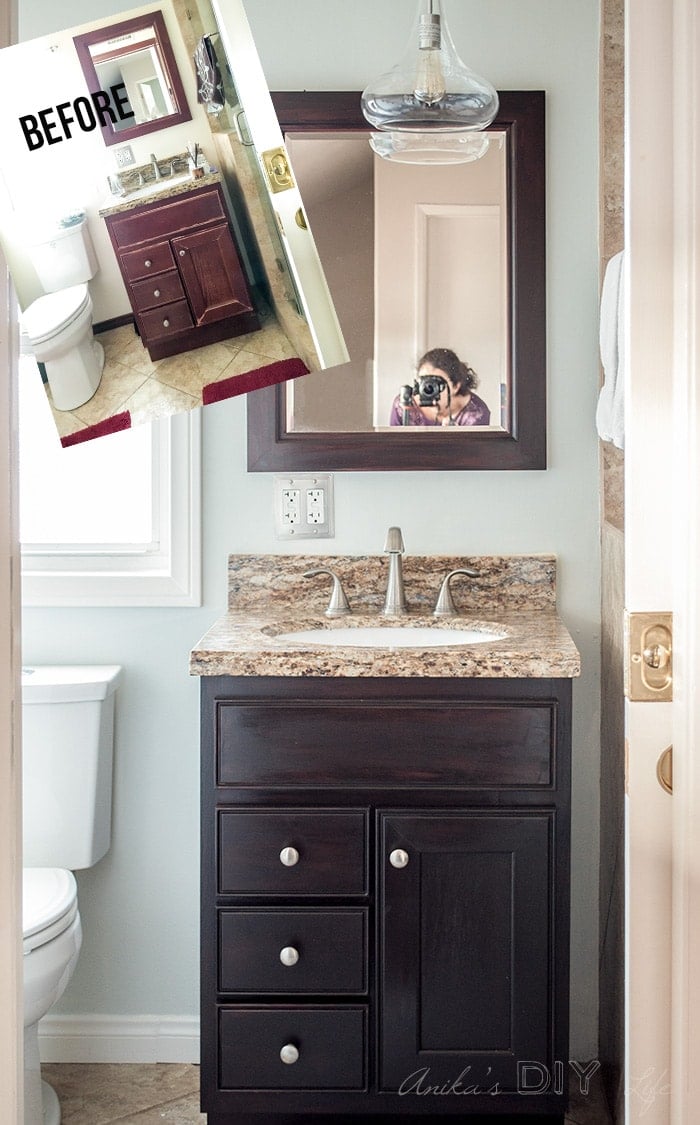 Before and after of the bathroom decor.