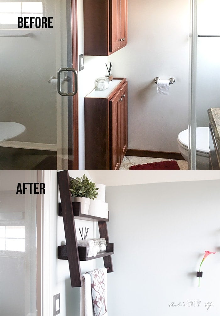 Before and after comparison of the wall with cabinets in the small bathroom remodel on a budget.