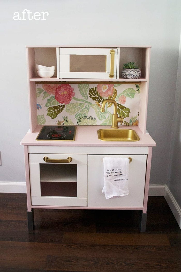 Ikea play kitchen upgrade with pretty paper
