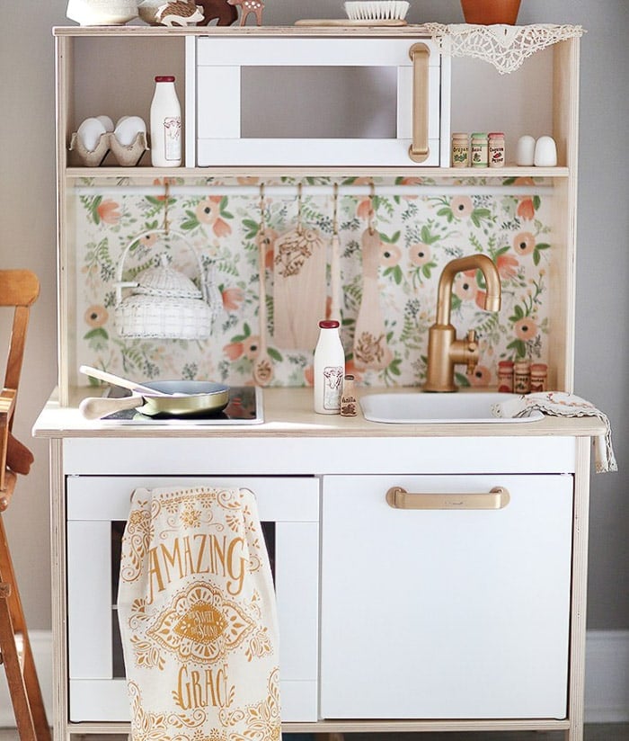 Ikea play kitchen upgrade with pretty paper backsplash