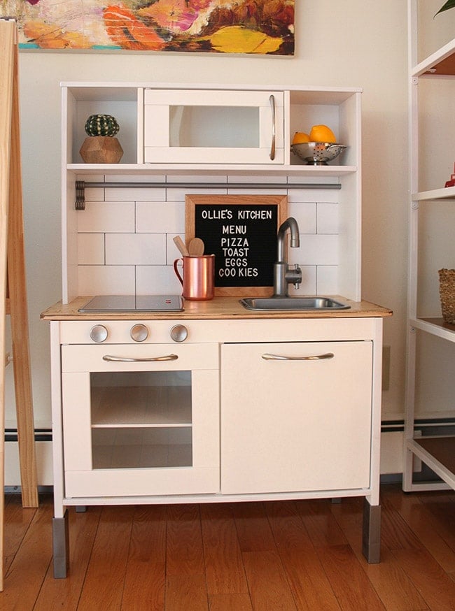 Ikea play kitchen makeover with subway tile