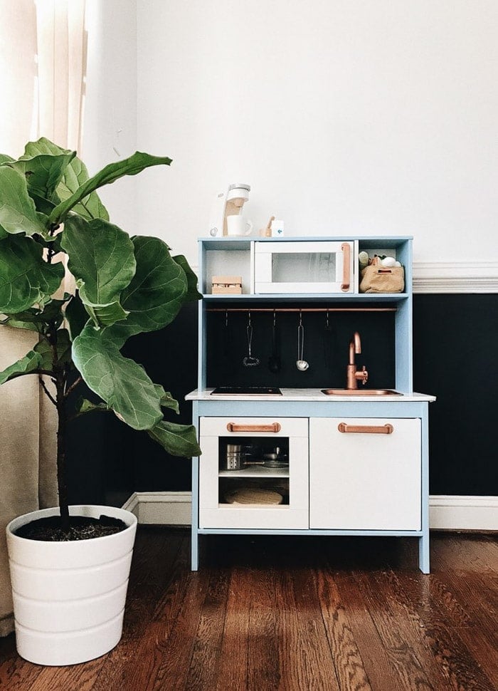 blue and copper Ikea play kitchen makeover