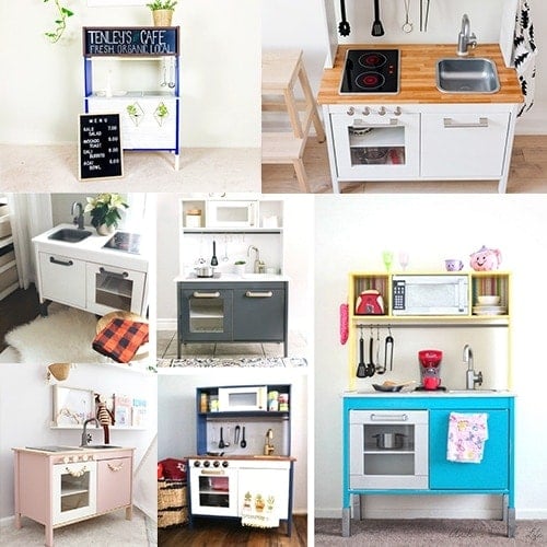 20 Fun Ikea play kitchen hacks and makeovers to inspire you to create a children's play kitchen they will love! Transform the plain Jane Ikea Duktig play kitchen to the play kitchen of their dreams! Discover your favorite way to add personality with these Ikea toy kitchen makeover ideas!