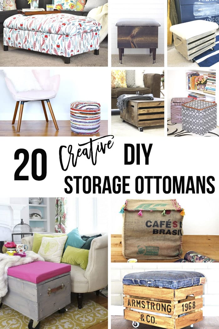 Collage of DIY storage ottoman ideas with text overlay