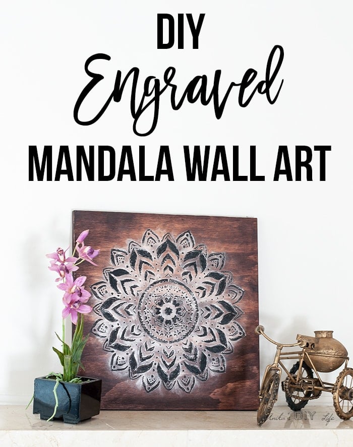 Engraved Mandala wall art using Dremel wood carving with text overlay
