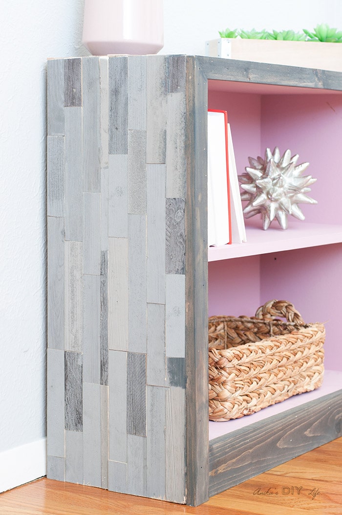 Pionk and grey laminate old bookshelf makeover - into a weathered barn wood bookshelf