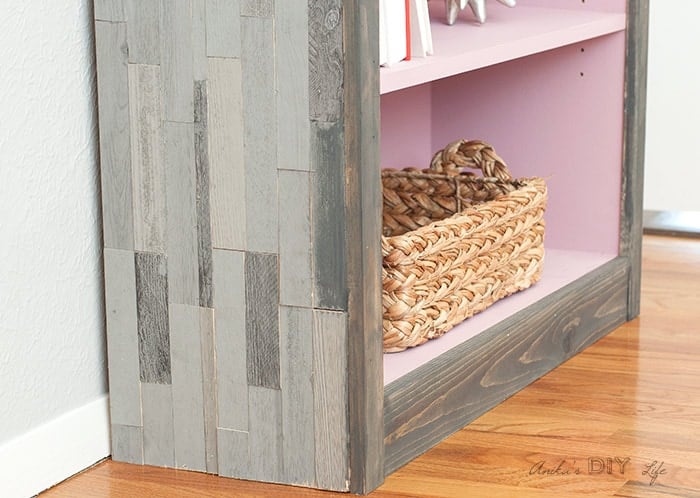 weathered barn wood bookshelf from other angle