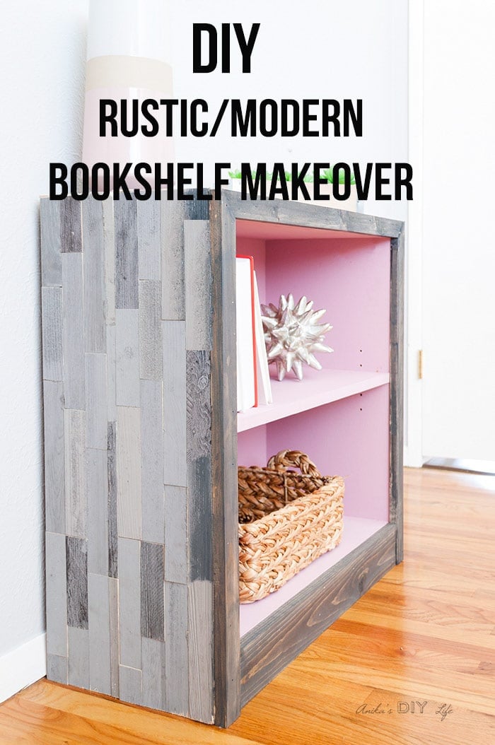 Side view of DIY rustic modern weathered barn wood bookshelf with text overlay