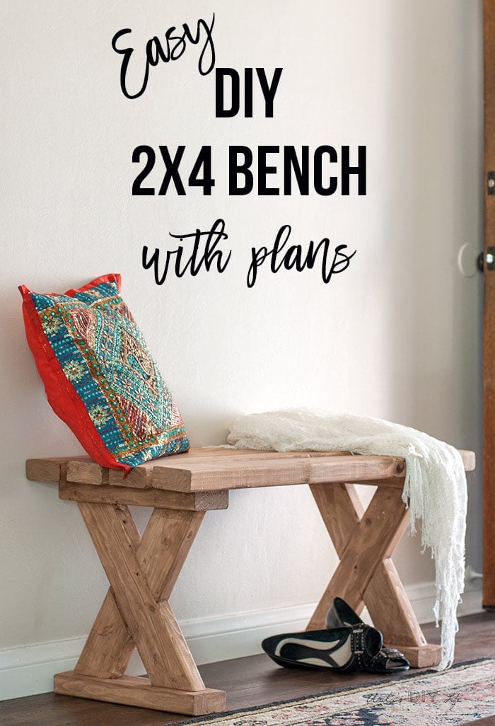 Indoor DIY 2x4 bench in entryway with text overlay