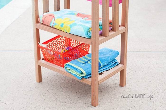 Shelves in the DIY freestanding outdoor towel rack