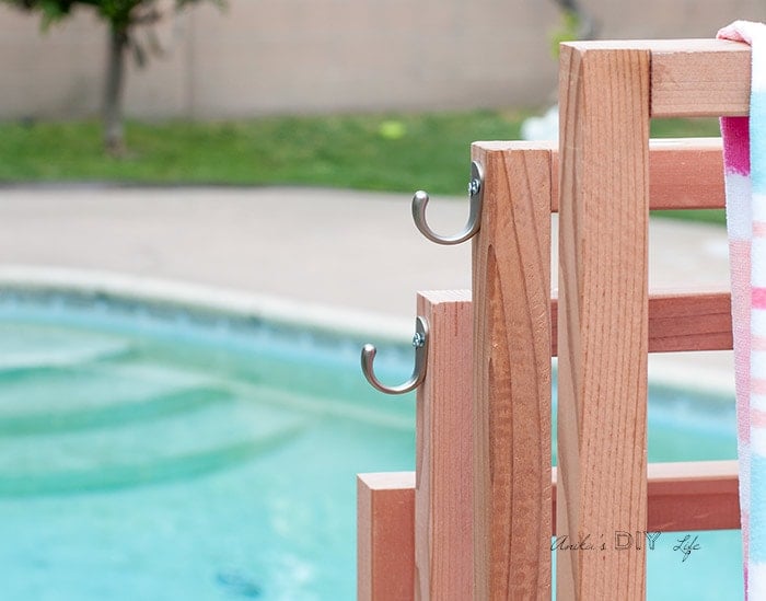 Hooks on t he side of the DIY outdoor towel rack