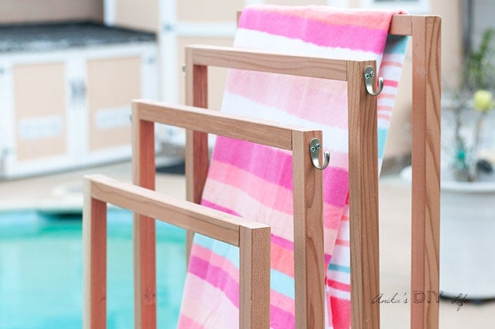 Beach towels on the DIY outdoor towel rack