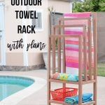 DIY outdoor Towel rack with shelves with text overlay
