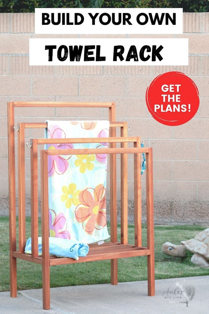 Redwood towel rack in backyard with colorful towel on it with text overlay