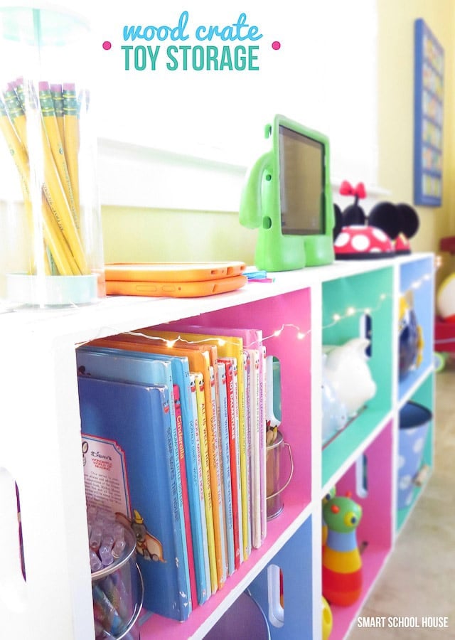 Colorful DIY toy organizer using crates