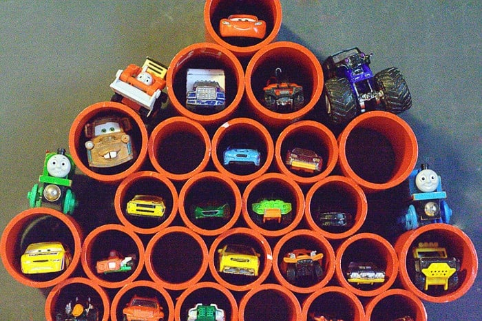 DIY matchbox car storage using pvc pipes