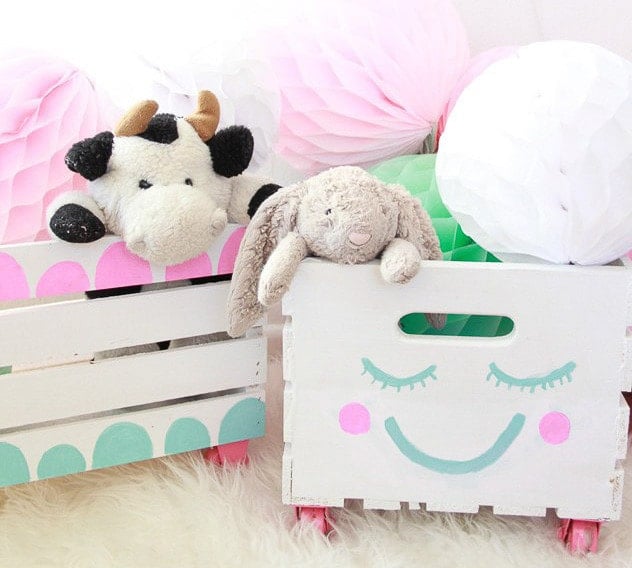 Crate toy storage with casters and cute faces