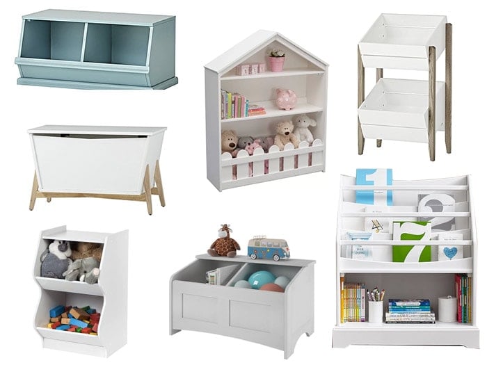 Collage of toy storage solutions available on the internet