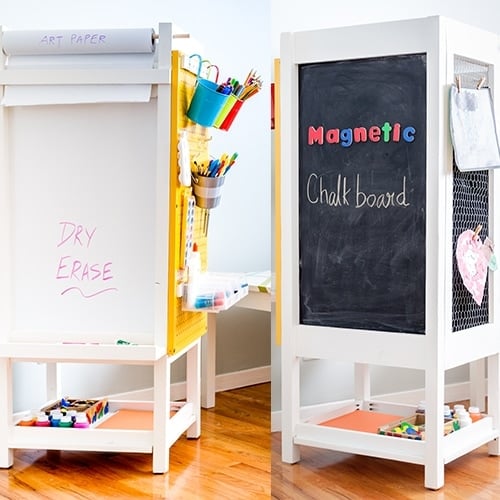 This is such a great idea! DIY kids art station with organization, magnetic chalkboard, white board, art display, art paper holder and art supply organization. Perfect for small homes with no wall space to create a children's art station.