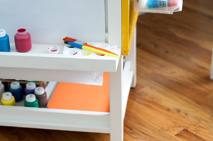 close up storage shelf in the DIY kids art station