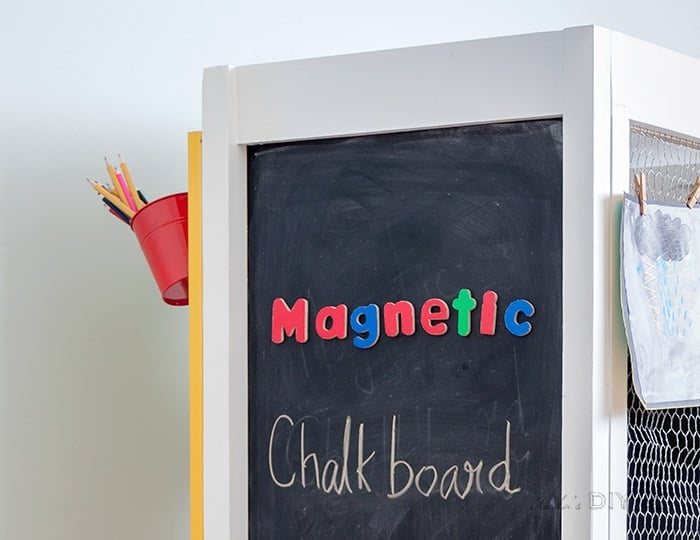 Close up magnetic chalkboard of the DIY kids art center