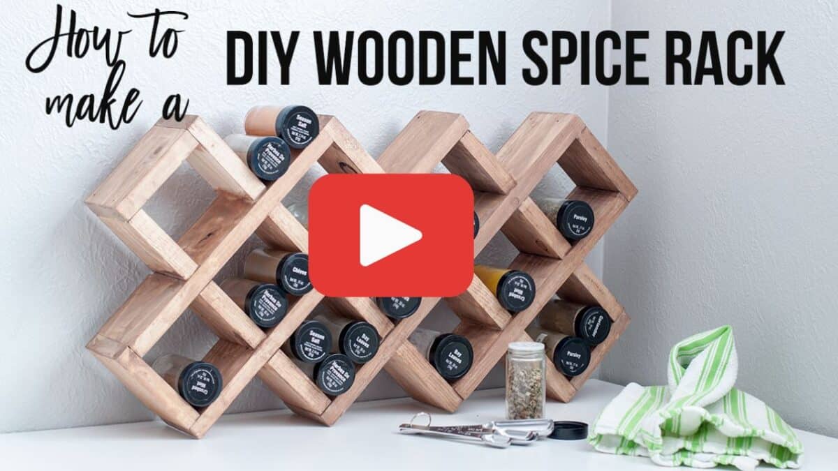 Image of DIY spice rack with text overlay and Youtube play button