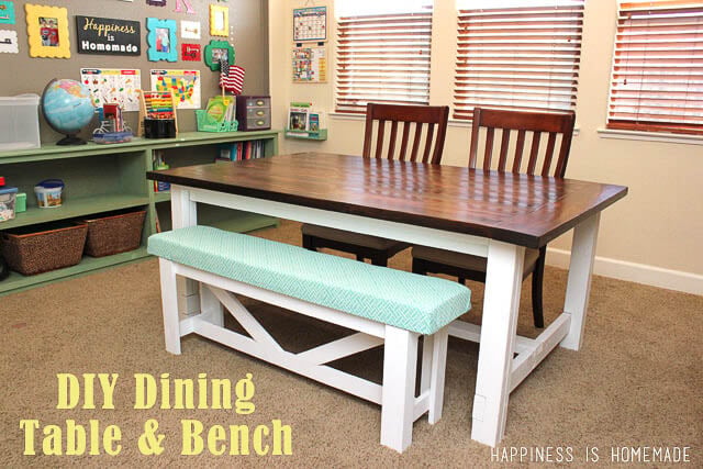 Simple Farmhouse table with upholstered bench