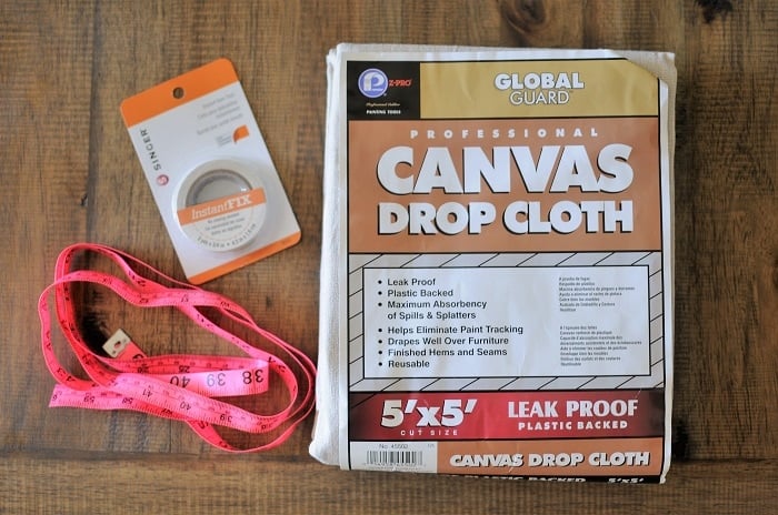 Materials needed to make easy no-sew drop cloth curtains