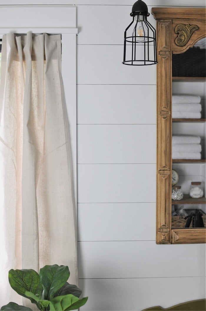 View of No-sew drop cloth curtains in bathroom.