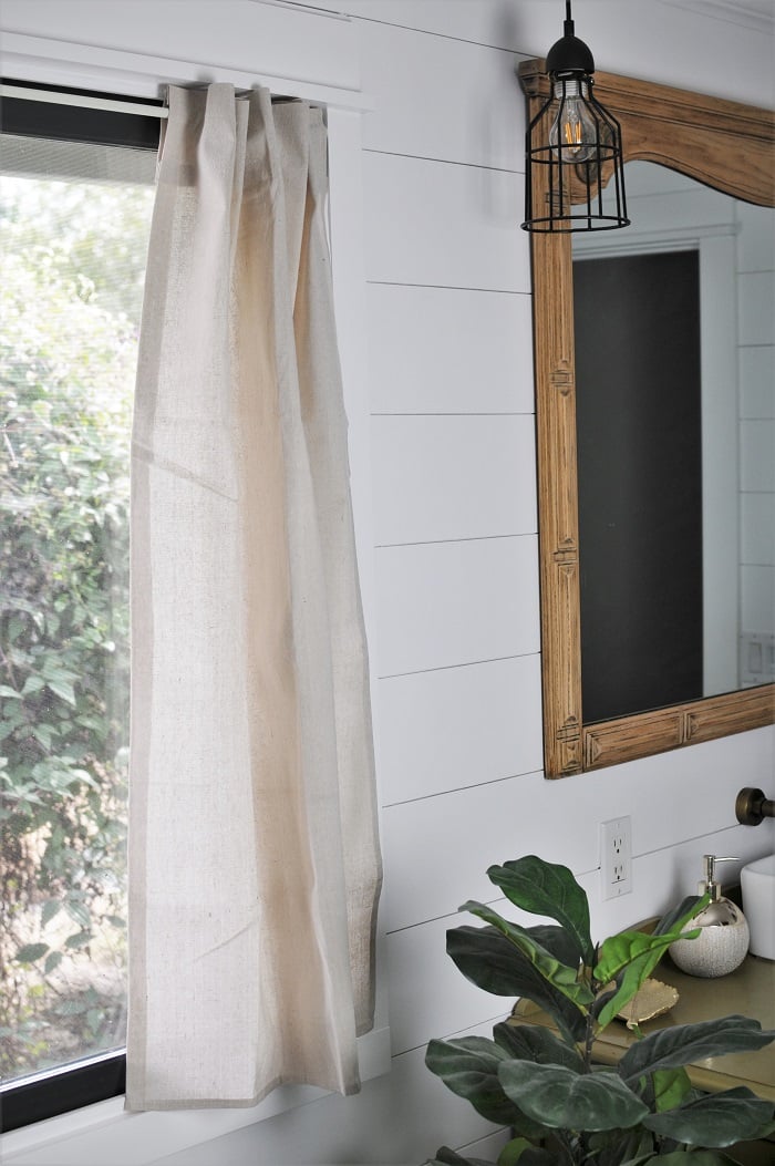 Easy no-sew drop cloth curtains in bathroom