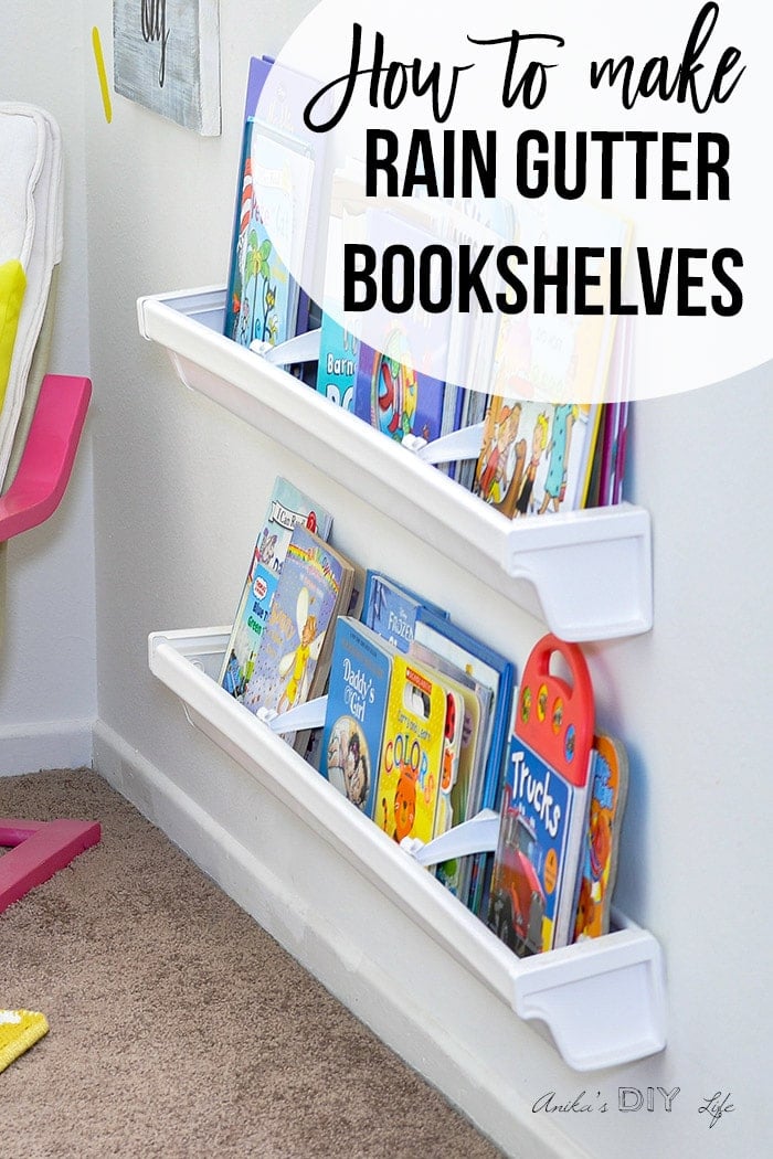Close up of rain gutter bookshelves with text overlay