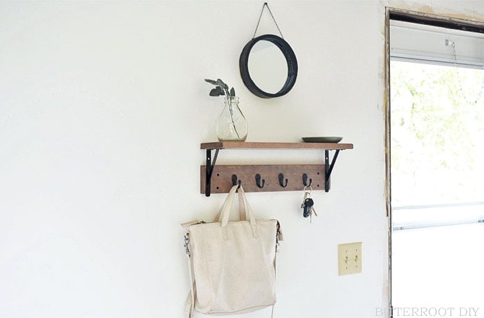 DIY Entryway Shelf with Hooks on wall