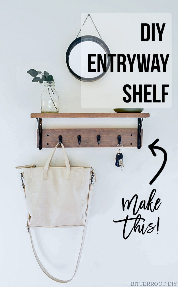 DIY entryway shelf with text overlay