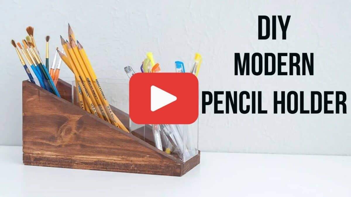Modern pencil holder with text overlay and Youtube play button