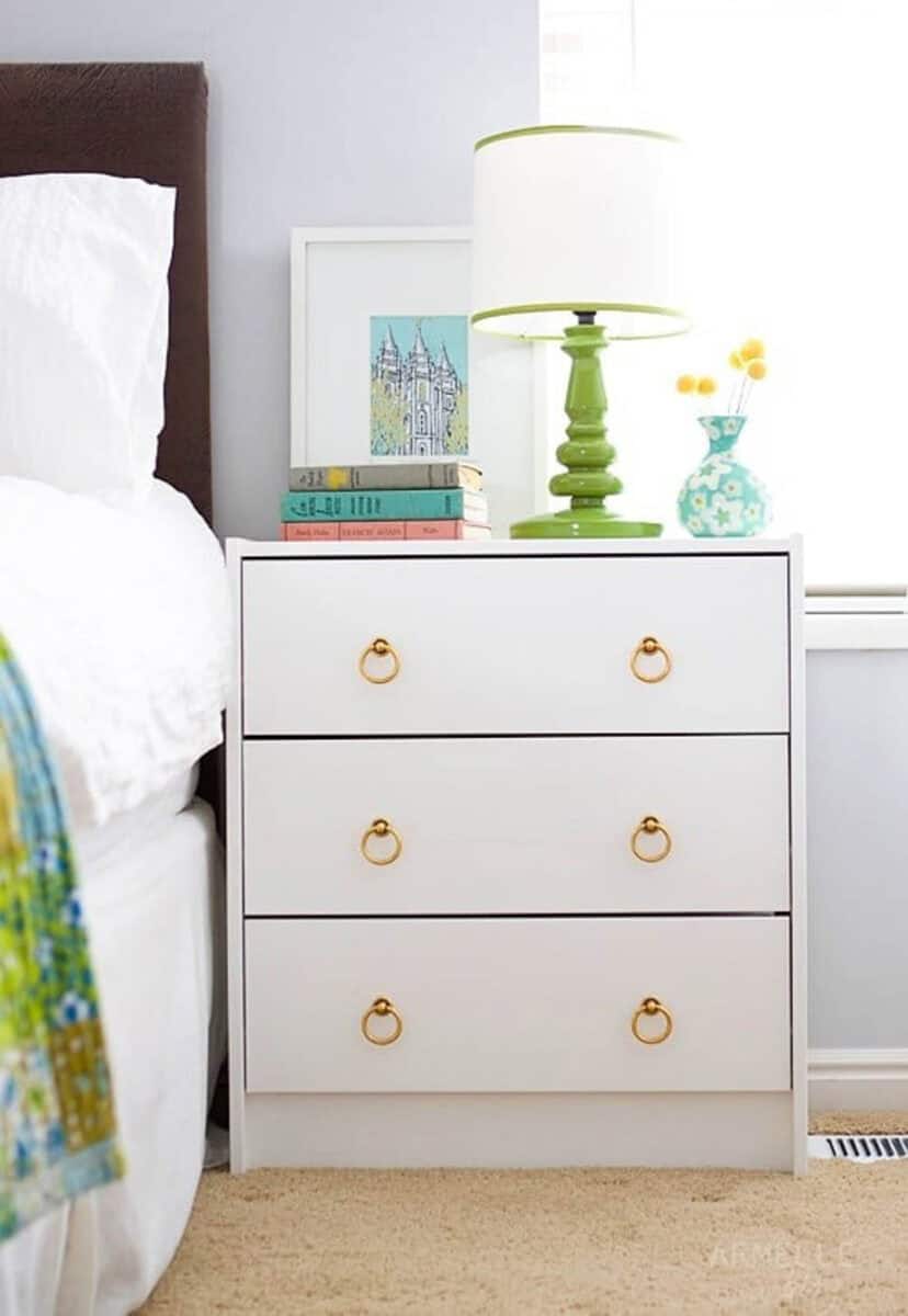 White painted Ikea Rast with gold ring pulls