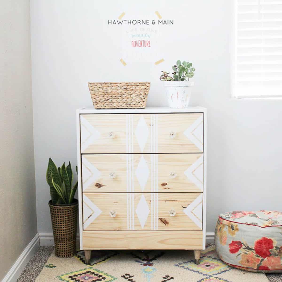 Boho Ikea Rast makeover using white paint and stencil.