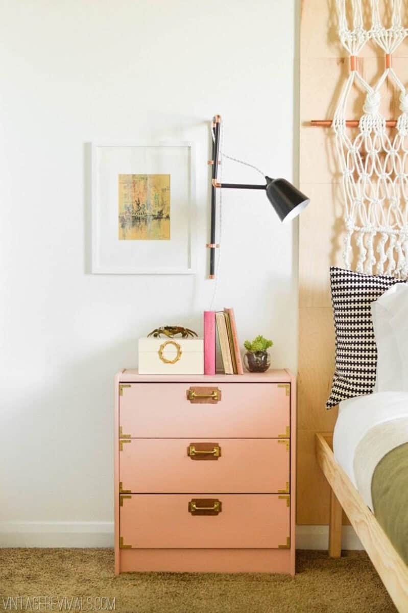 Nightstand makeover with pink paint and brass accents