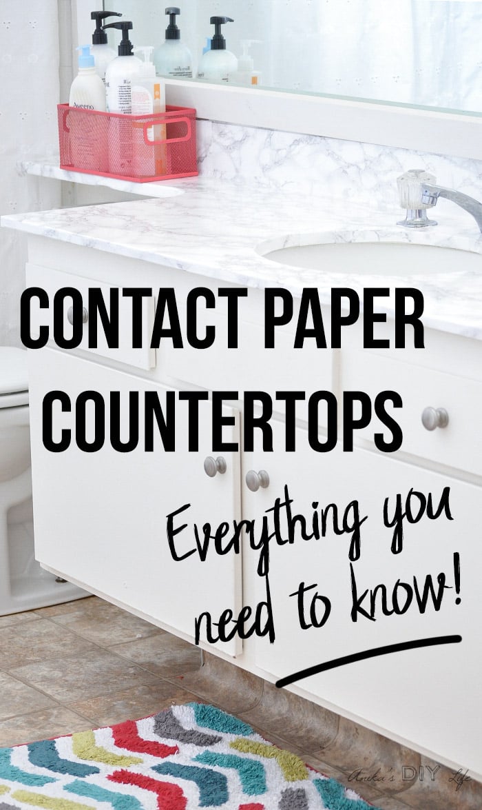 Faux marble contact paper countertops with text overlay