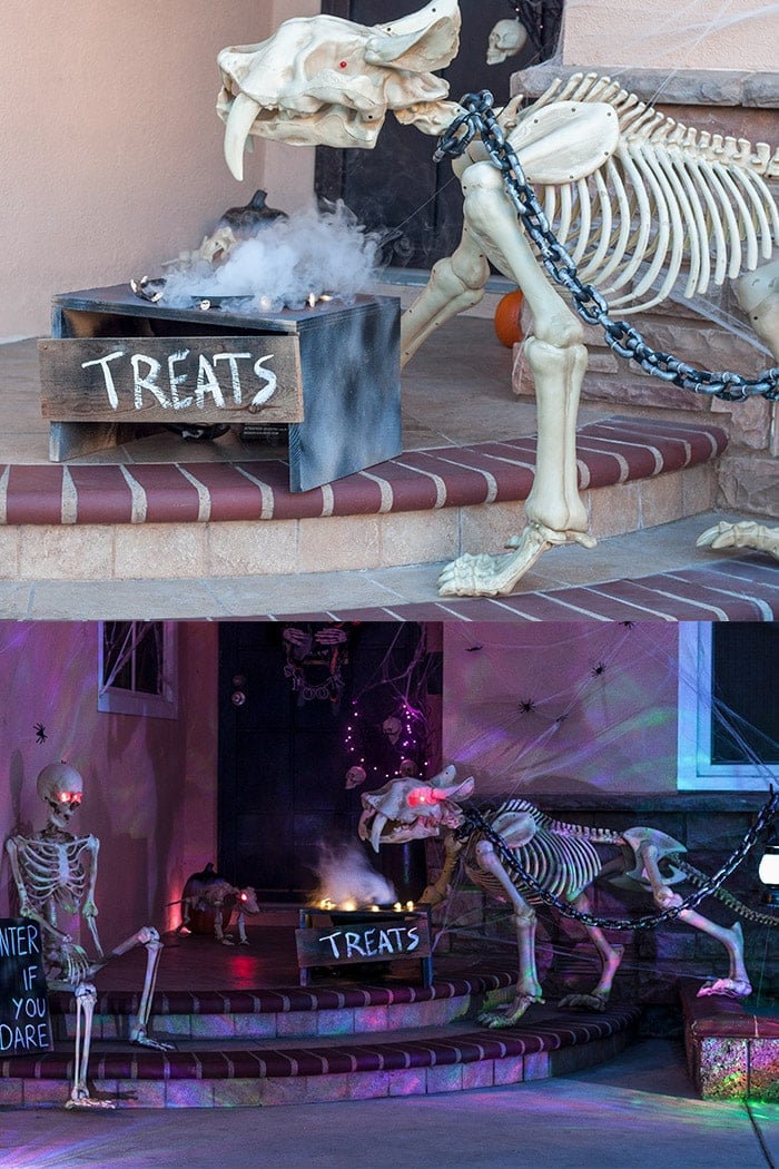 Collage of Front porch halloween decoration in daylight and nighttime
