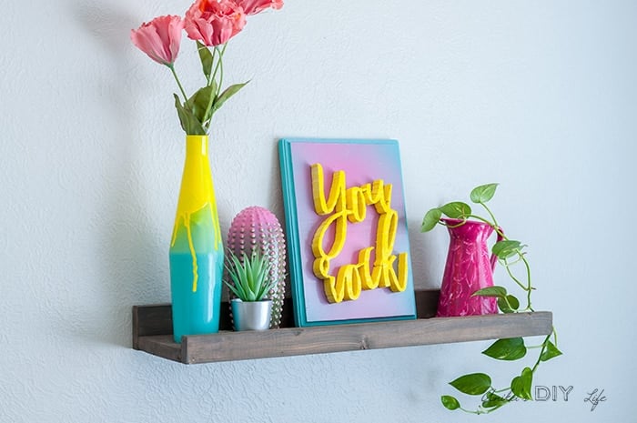 Wood shelf with colorful decor using various cool spray painting effects