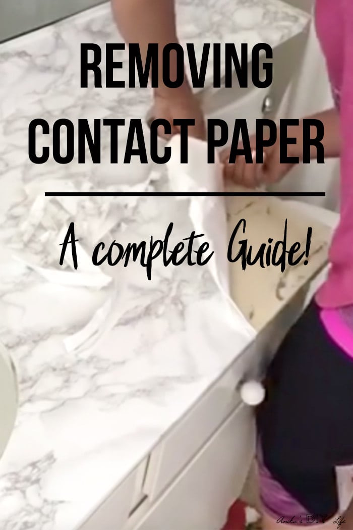 Removing contact paper from countertop with text overlay