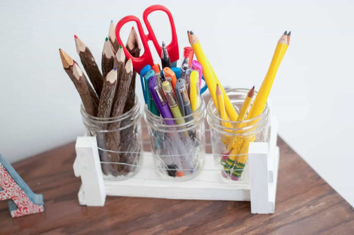 Scrap wood mason jar organizer painted white