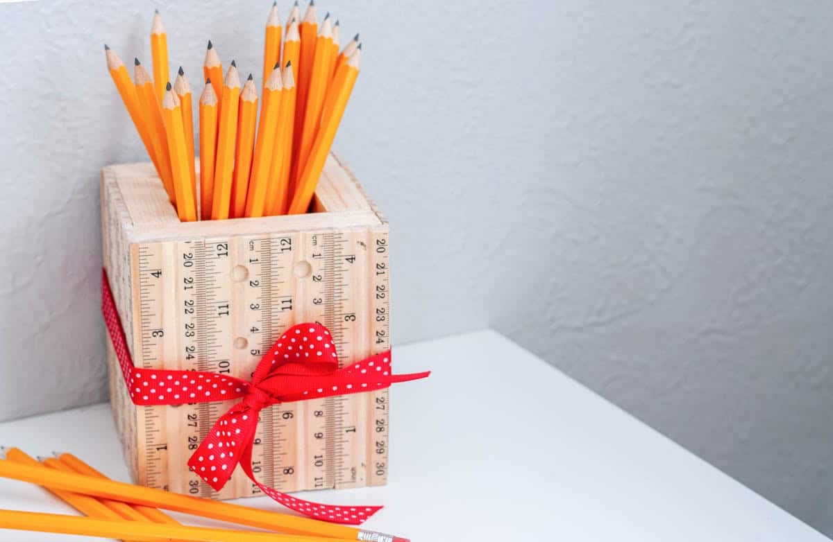 pencil holder made from scrap wood and rulers