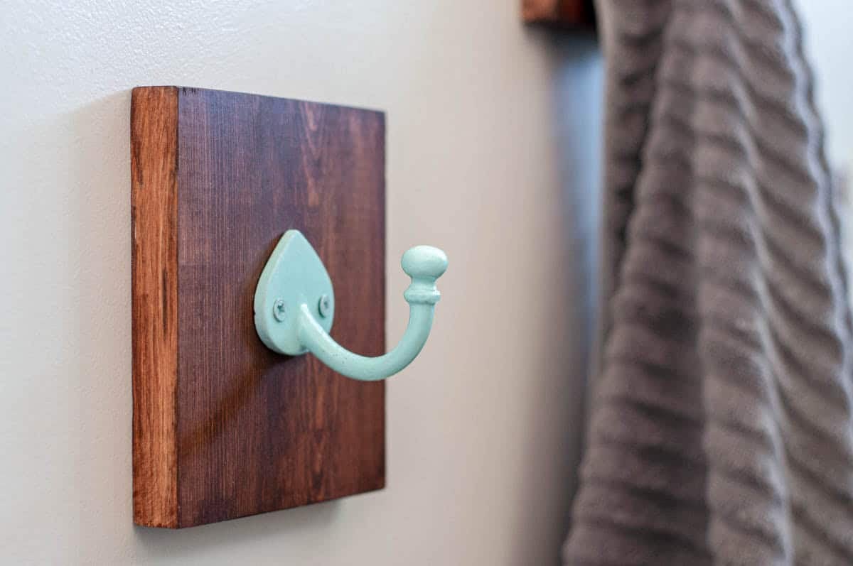 Bathroom wall hook simple scrap wood project with blue painted hook