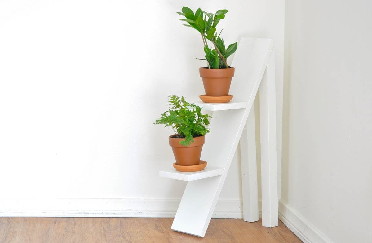 tiered plant stand painted white with 2 plants in terra cotta pots