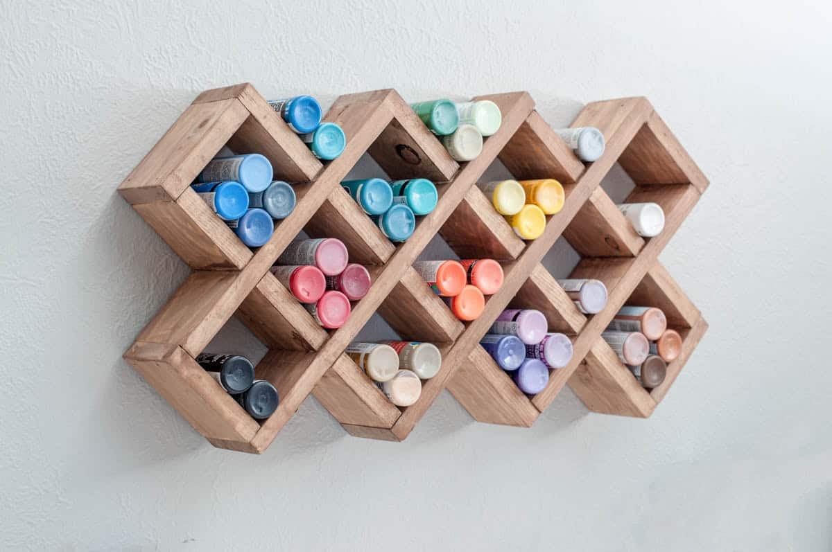 Wood criss-cross design small bottle organizer with craft paints