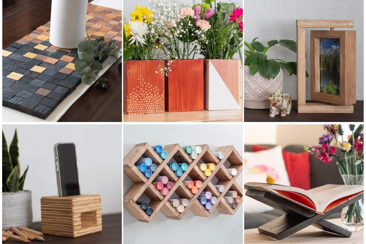 Image collage of six simple scrap wood project ideas