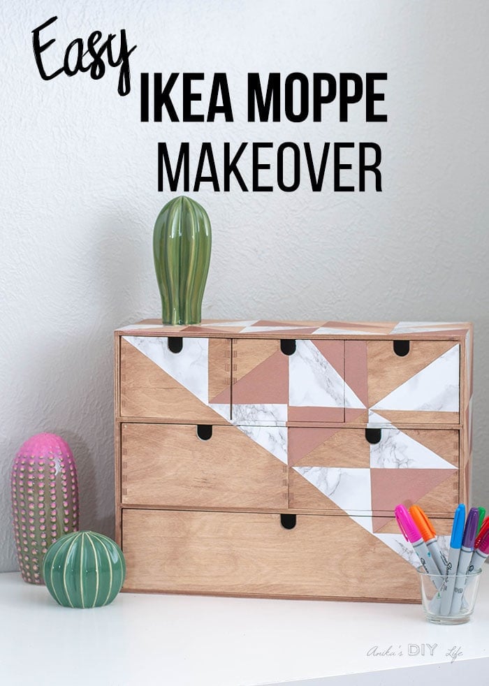 Ikea Moppe with marble and rose gold geometrical pattern and text overlay