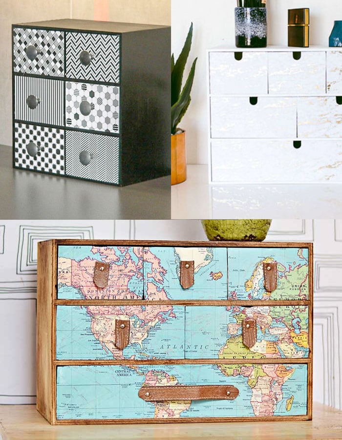 Collage of 3 Ikea Moppe hacks using decoupaged patterned paper